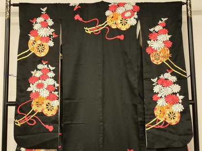 平和屋本店●お引きずり・お引き摺り・引き振袖 和装 結婚式 舞妓 芸妓 芸者 衣装 総刺繍 紐花車文 黒地 金銀糸 逸品 AABM0831fw