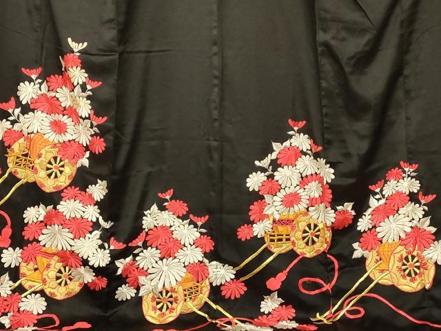 平和屋本店●お引きずり・お引き摺り・引き振袖 和装 結婚式 舞妓 芸妓 芸者 衣装 総刺繍 紐花車文 黒地 金銀糸 逸品 AABM0831fw