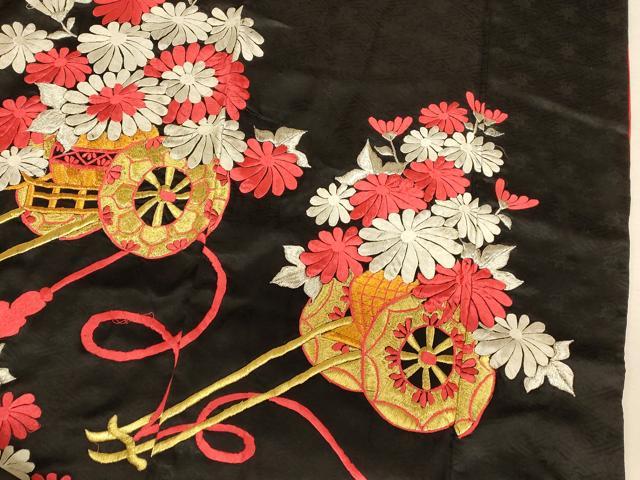 平和屋本店●お引きずり・お引き摺り・引き振袖 和装 結婚式 舞妓 芸妓 芸者 衣装 総刺繍 紐花車文 黒地 金銀糸 逸品 AABM0831fw