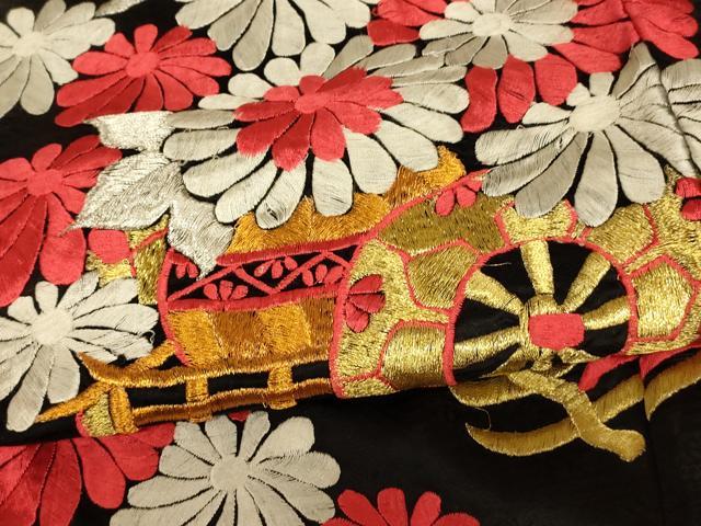 平和屋本店●お引きずり・お引き摺り・引き振袖 和装 結婚式 舞妓 芸妓 芸者 衣装 総刺繍 紐花車文 黒地 金銀糸 逸品 AABM0831fw