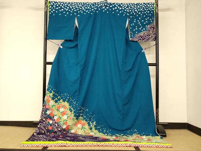 平和屋本店●お引きずり・お引き摺り　訪問着　和装　舞台　舞妓　芸妓　芸者　衣装　枝桜流水文　暈し染め　金彩　AABM0837fw