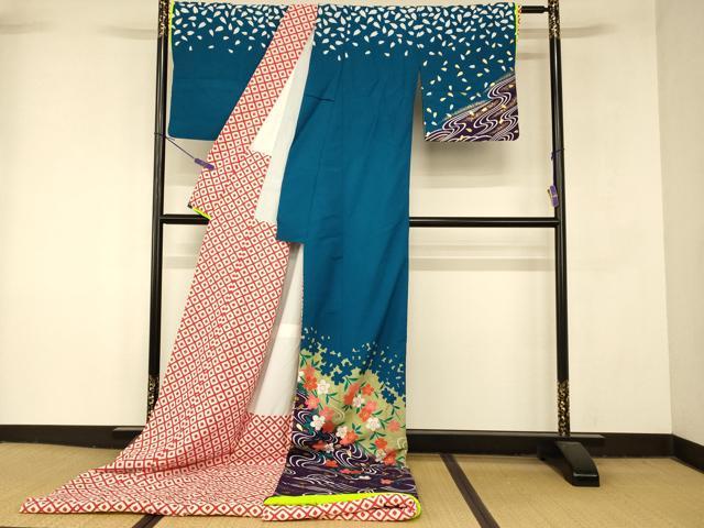 平和屋本店●お引きずり・お引き摺り　訪問着　和装　舞台　舞妓　芸妓　芸者　衣装　枝桜流水文　暈し染め　金彩　AABM0837fw