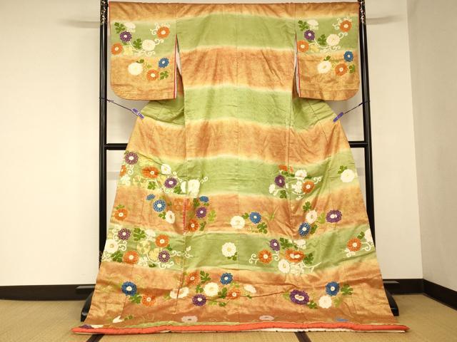 平和屋本店●お引きずり・お引き摺り 訪問着 和装 舞台 舞妓 芸妓 芸者 衣装 駒刺繍 手描き 横段花唐草文 金彩 金銀糸 逸品 AABM0839fw