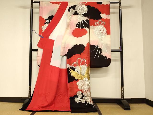平和屋本店●お引きずり・お引き摺り・引き振袖 和装 結婚式 舞妓 芸妓 芸者 衣装 刺繍 雲取り飛鶴飾花文 金銀糸 逸品 AABM0842fw