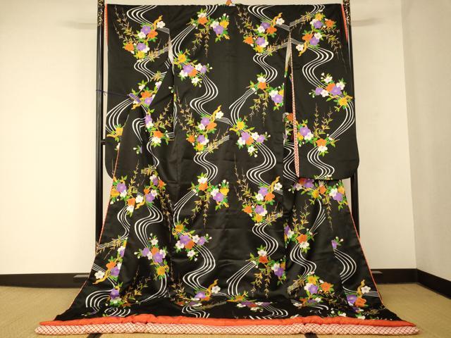 平和屋本店●お引きずり・お引き摺り・引き振袖　和装　結婚式　舞妓　芸妓　芸者　衣装　枝花流水文　黒地　金彩　AABM0853fw