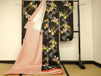 平和屋本店●お引きずり・お引き摺り・引き振袖　和装　結婚式　舞妓　芸妓　芸者　衣装　枝花流水文　黒地　金彩　AABM0853fw