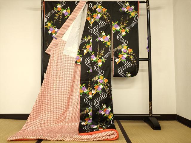 平和屋本店●お引きずり・お引き摺り・引き振袖　和装　結婚式　舞妓　芸妓　芸者　衣装　枝花流水文　黒地　金彩　AABM0853fw