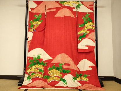 平和屋本店●お引きずり・お引き摺り・引き振袖 和装 結婚式 舞妓 芸妓 芸者 衣装 絞り 駒刺繍 山重ね松桜文 金糸 逸品 AABM0874fw