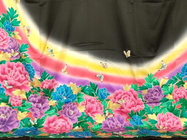 平和屋本店●お引きずり・お引き摺り・引き振袖 和装 結婚式 舞妓 芸妓 芸者 衣装 花蝶霞文 暈し染め 黒地 金彩 AABM0877fw