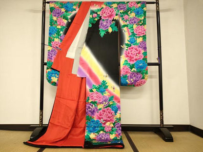 平和屋本店●お引きずり・お引き摺り・引き振袖 和装 結婚式 舞妓 芸妓 芸者 衣装 花蝶霞文 暈し染め 黒地 金彩 AABM0877fw