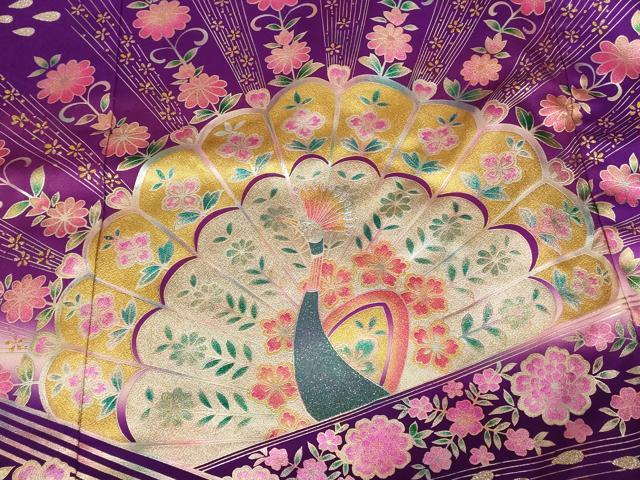 平和屋本店●お引きずり・お引き摺り・引き振袖　和装　結婚式　舞妓　芸妓　芸者　衣装　孔雀草花文　暈し染め　金銀彩　逸品　AABM0878fw