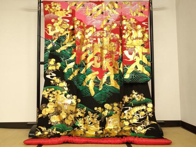 平和屋本店●本手描友禅作家　秋山章　色打掛　和装　婚礼　結婚式　花嫁　神社挙式　飛鶴御所車草花文　金銀糸　逸品　AABM0881fw