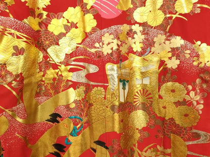 平和屋本店●本手描友禅作家　秋山章　色打掛　和装　婚礼　結婚式　花嫁　神社挙式　飛鶴御所車草花文　金銀糸　逸品　AABM0881fw