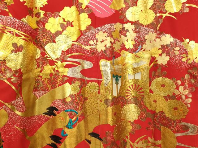 平和屋本店●本手描友禅作家　秋山章　色打掛　和装　婚礼　結婚式　花嫁　神社挙式　飛鶴御所車草花文　金銀糸　逸品　AABM0881fw