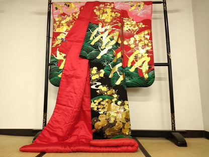 平和屋本店●本手描友禅作家　秋山章　色打掛　和装　婚礼　結婚式　花嫁　神社挙式　飛鶴御所車草花文　金銀糸　逸品　AABM0881fw