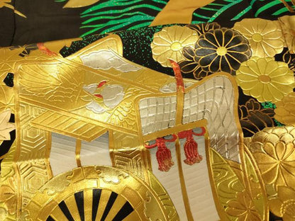 平和屋本店●本手描友禅作家　秋山章　色打掛　和装　婚礼　結婚式　花嫁　神社挙式　飛鶴御所車草花文　金銀糸　逸品　AABM0881fw
