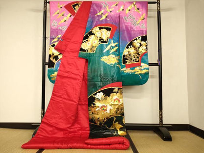 平和屋本店●本手描友禅作家　秋山章　色打掛　和装　婚礼　結婚式　花嫁　神社挙式　飛鶴四季花地紙文　松　金銀彩　AABM0884fw