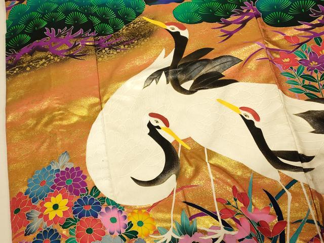 平和屋本店●本手描友禅作家　秋山章　色打掛　和装　婚礼　結婚式　花嫁　神社挙式　群れ鶴草花松文　暈し染め　金彩　逸品　AABM0888fw