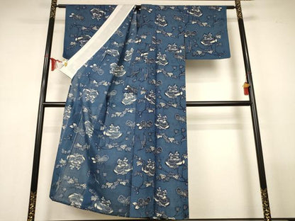 平和屋着物＊夏物　小紋　紗紬　藍　型染め　舞蝶花鳥文　正絹　逸品　AABM1003jd