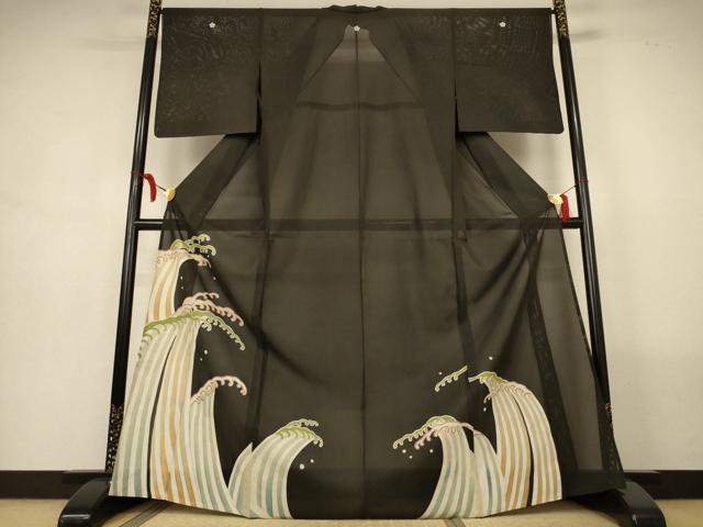 平和屋着物＊夏物　黒留袖　絽　立波文　正絹　逸品　AABM1020jd