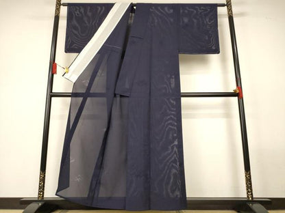 平和屋着物＊夏物　色無地　縦絽　菱紋紗　藍鉄色　正絹　逸品　AABM1055jd