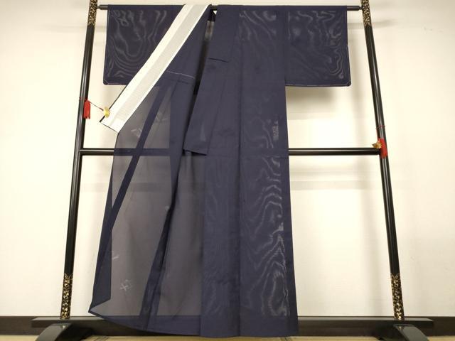 平和屋着物＊夏物　色無地　縦絽　菱紋紗　藍鉄色　正絹　逸品　AABM1055jd