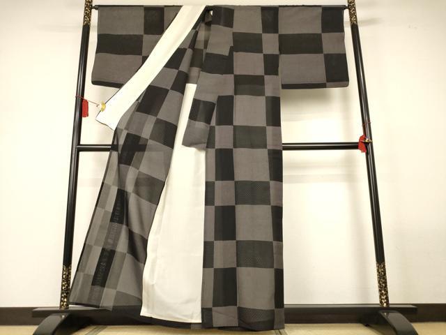 平和屋着物＊夏物　夏大島　市松文様　正絹　逸品　AABM1056jd