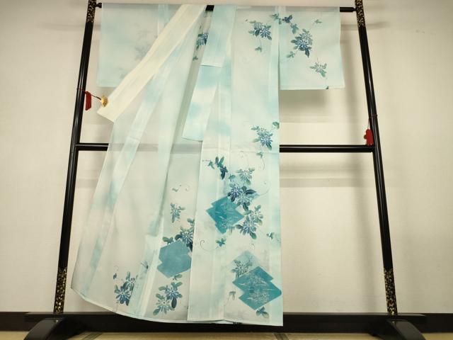 平和屋着物＊夏物　訪問着　絽　草花文　暈し染め　銀彩　洗える着物　AABM1085jd