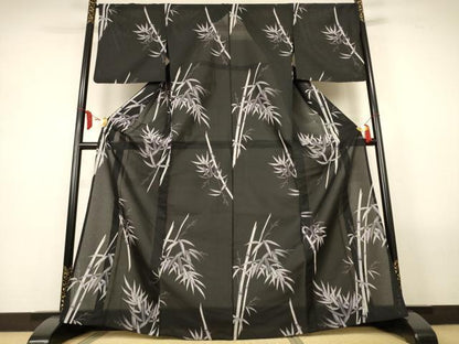 平和屋着物＊夏物　小紋　縦絽　笹竹文　黒地　洗える着物　AABM1087jd