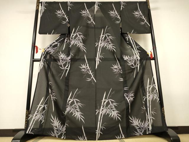 平和屋着物＊夏物　小紋　縦絽　笹竹文　黒地　洗える着物　AABM1087jd