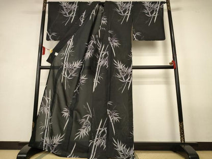 平和屋着物＊夏物　小紋　縦絽　笹竹文　黒地　洗える着物　AABM1087jd