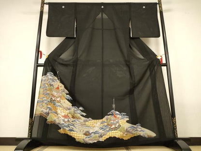 平和屋着物＊夏物　黒留袖　絽　駒刺繍　風景文　金彩　正絹　逸品　AABM1088jd