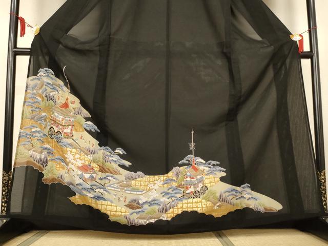 平和屋着物＊夏物　黒留袖　絽　駒刺繍　風景文　金彩　正絹　逸品　AABM1088jd