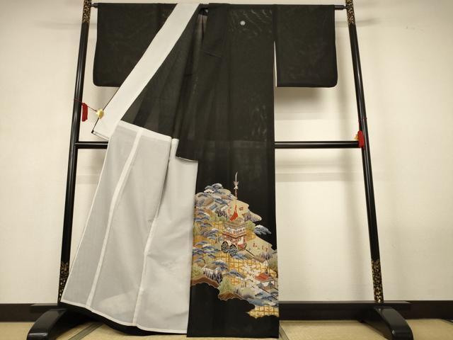 平和屋着物＊夏物　黒留袖　絽　駒刺繍　風景文　金彩　正絹　逸品　AABM1088jd