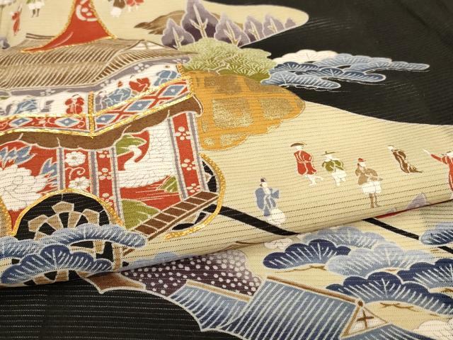 平和屋着物＊夏物　黒留袖　絽　駒刺繍　風景文　金彩　正絹　逸品　AABM1088jd