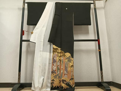 平和屋着物●豪華黒留袖　刺繍　草花文　金彩　正絹　逸品　AABM1124ph