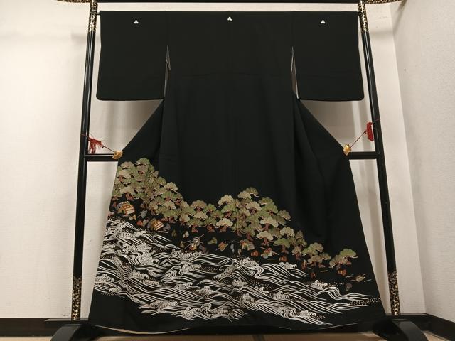 平和屋着物●豪華黒留袖　総刺繍　浜松文　金糸　正絹　逸品　AABM1134ph
