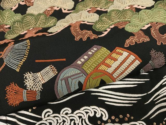 平和屋着物●豪華黒留袖　総刺繍　浜松文　金糸　正絹　逸品　AABM1134ph