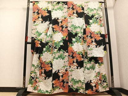 平和屋着物●豪華振袖　草花文　黒地　正絹　逸品　AABM1145ph