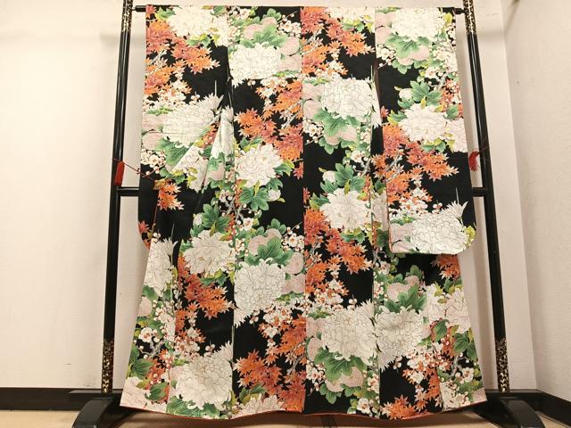 平和屋着物●豪華振袖　草花文　黒地　正絹　逸品　AABM1145ph