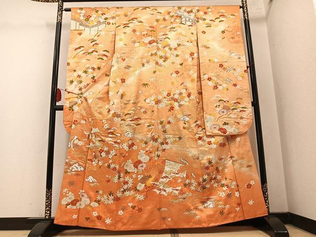 平和屋着物●豪華振袖　駒刺繍　草花文　暈し染め　金彩　正絹　逸品　AABM1200ph