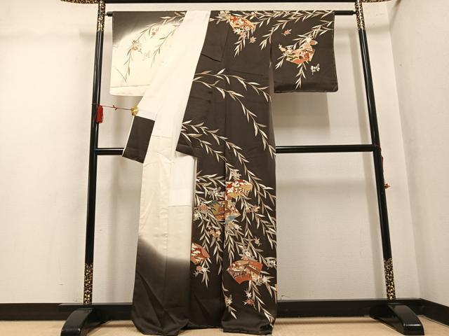 平和屋着物●訪問着　刺繍　地紙人物草花文　暈し染め　金彩　正絹　逸品　未使用　AABM1212ph