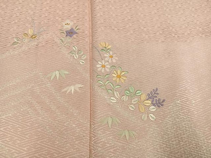 平和屋着物●訪問着　絞り　刺繍　草花文　正絹　逸品　AABM1217ph