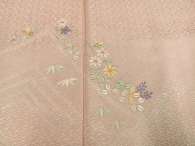 平和屋着物●訪問着　絞り　刺繍　草花文　正絹　逸品　AABM1217ph