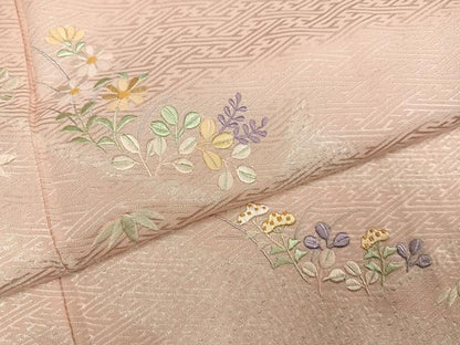 平和屋着物●訪問着　絞り　刺繍　草花文　正絹　逸品　AABM1217ph
