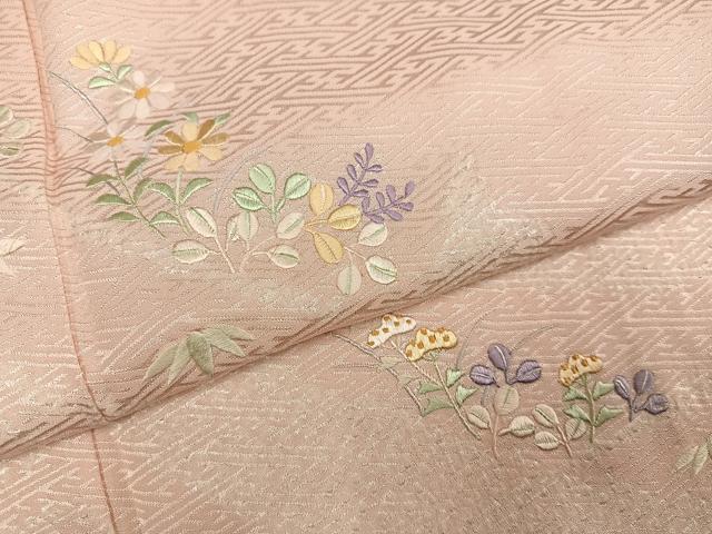 平和屋着物●訪問着　絞り　刺繍　草花文　正絹　逸品　AABM1217ph