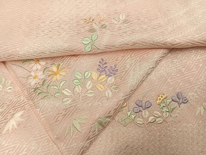 平和屋着物●訪問着　絞り　刺繍　草花文　正絹　逸品　AABM1217ph