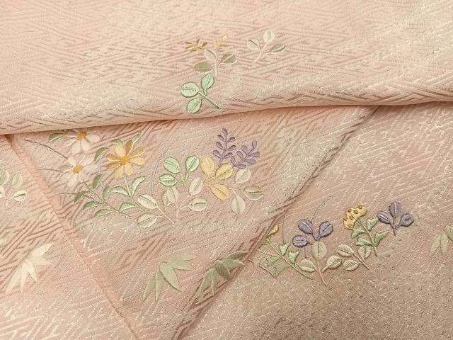 平和屋着物●訪問着　絞り　刺繍　草花文　正絹　逸品　AABM1217ph