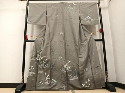 平和屋着物●訪問着　友禅　作家物　紬地　風景草花文　暈し染め　正絹　逸品　AABM1240ph