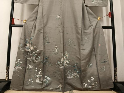 平和屋着物●訪問着　友禅　作家物　紬地　風景草花文　暈し染め　正絹　逸品　AABM1240ph
